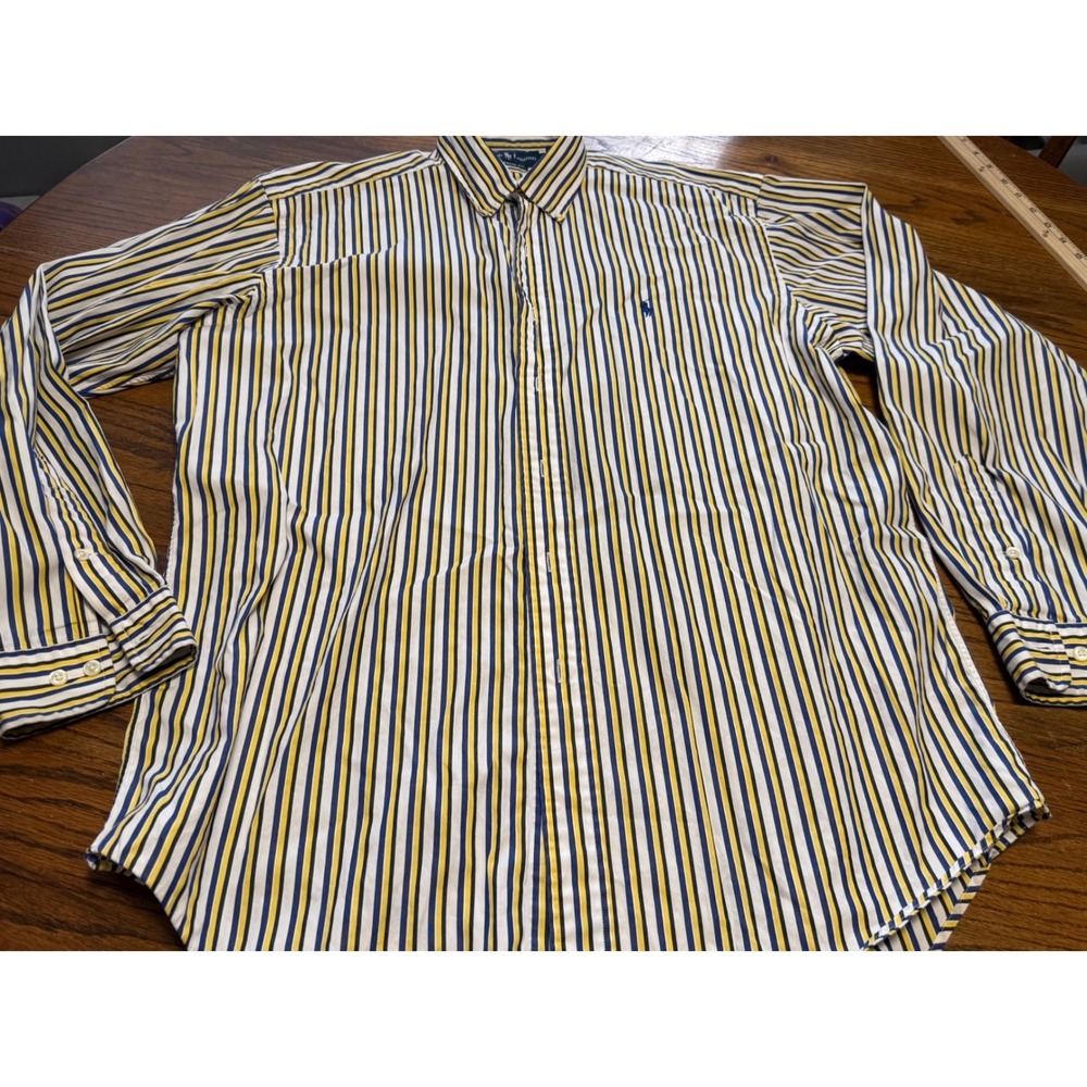 Ralph Lauren Classic Fit Mens 16 L Striped Button Down Shirt Yellow Navy Blue - Picture 1 of 6